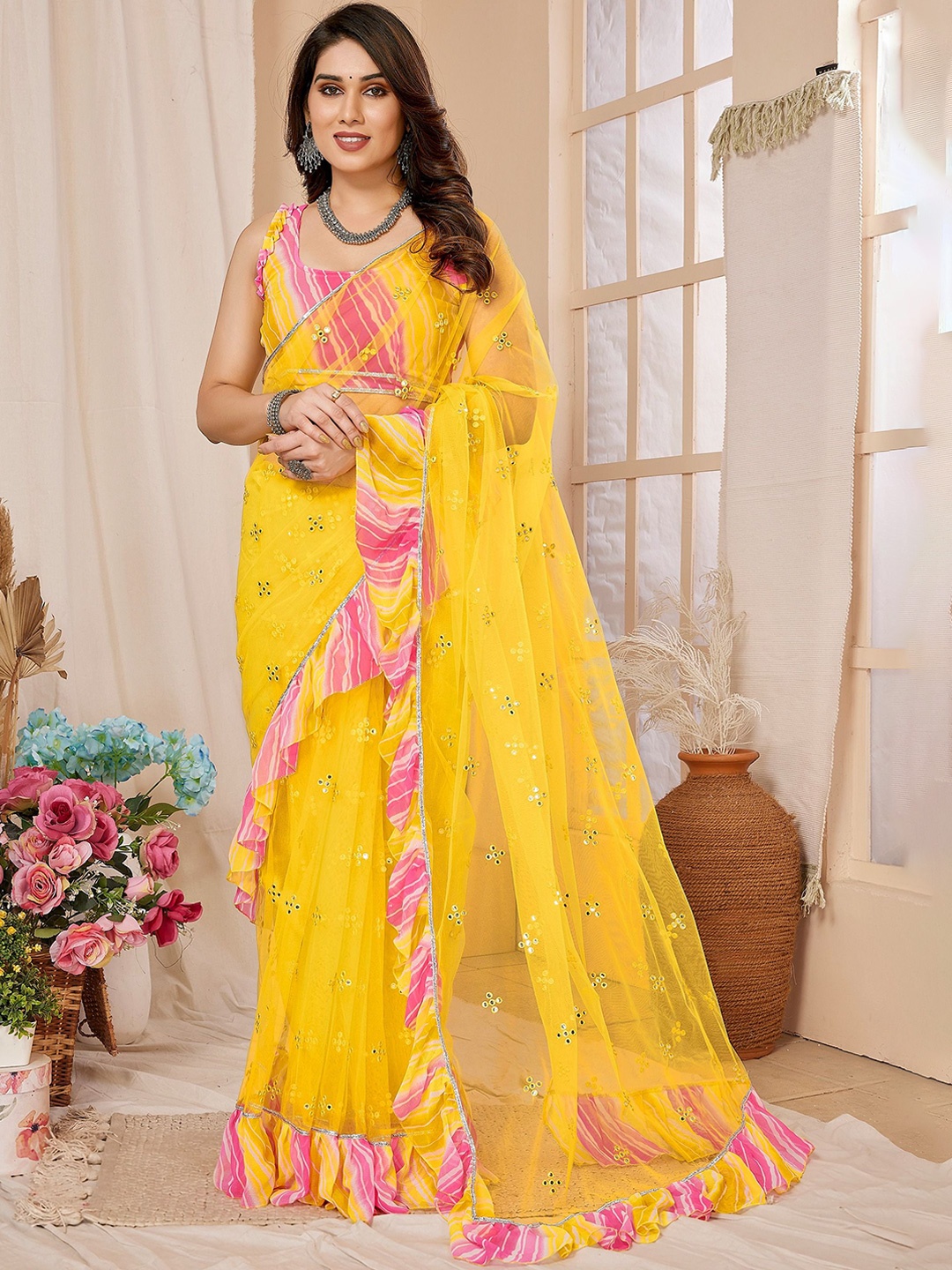 

CATCHY FOREVER Embellished Mirror Work Net Saree, Yellow