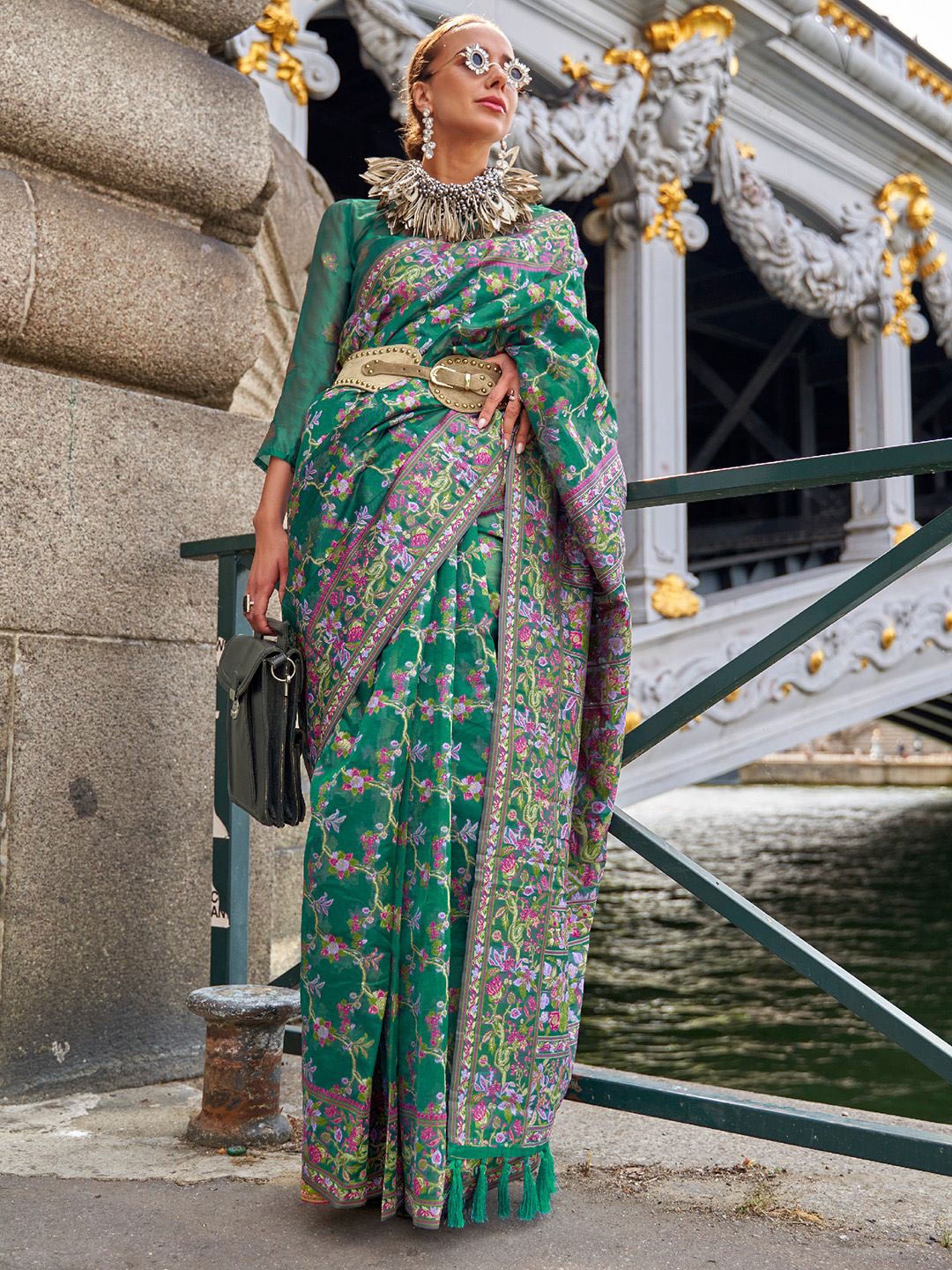 

Ishin Floral Printed Organza Saree, Green