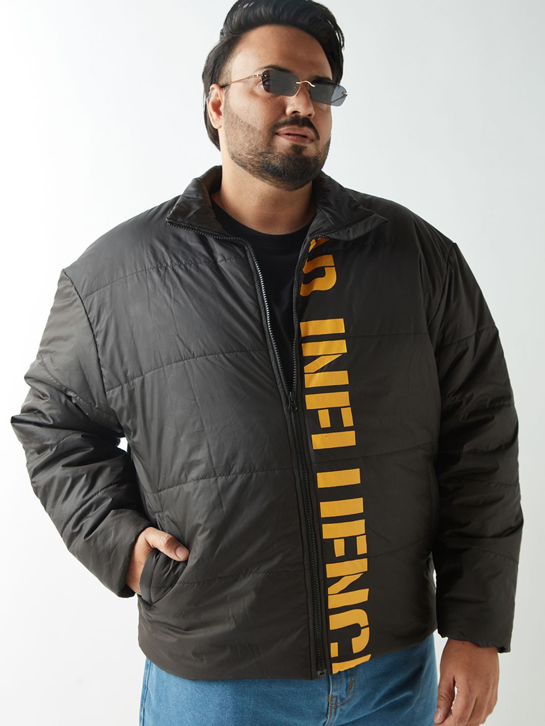 

Bewakoof Plus Men Typography Puffer Jacket, Black