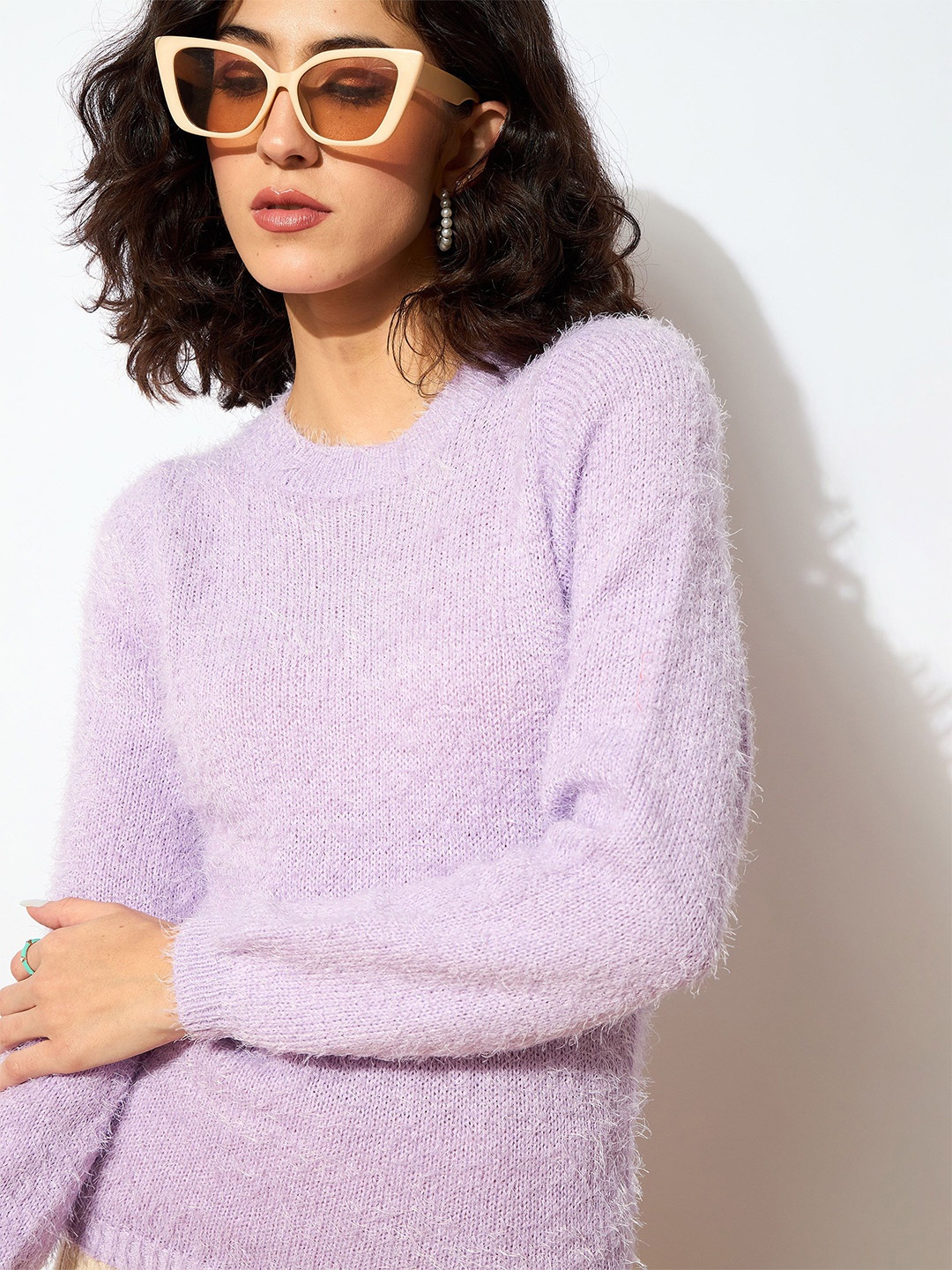 

SASSAFRAS Women Woollen Pullover with Fuzzy Detail, Purple