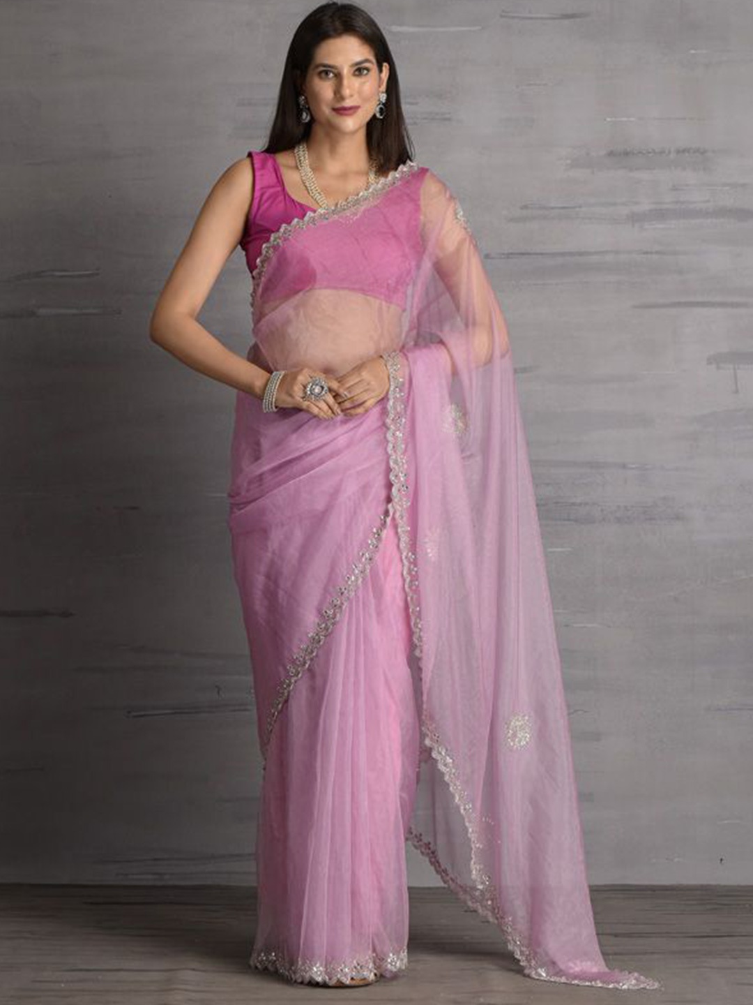 

sutra attire Embellished Sequinned Tissue Saree, Pink