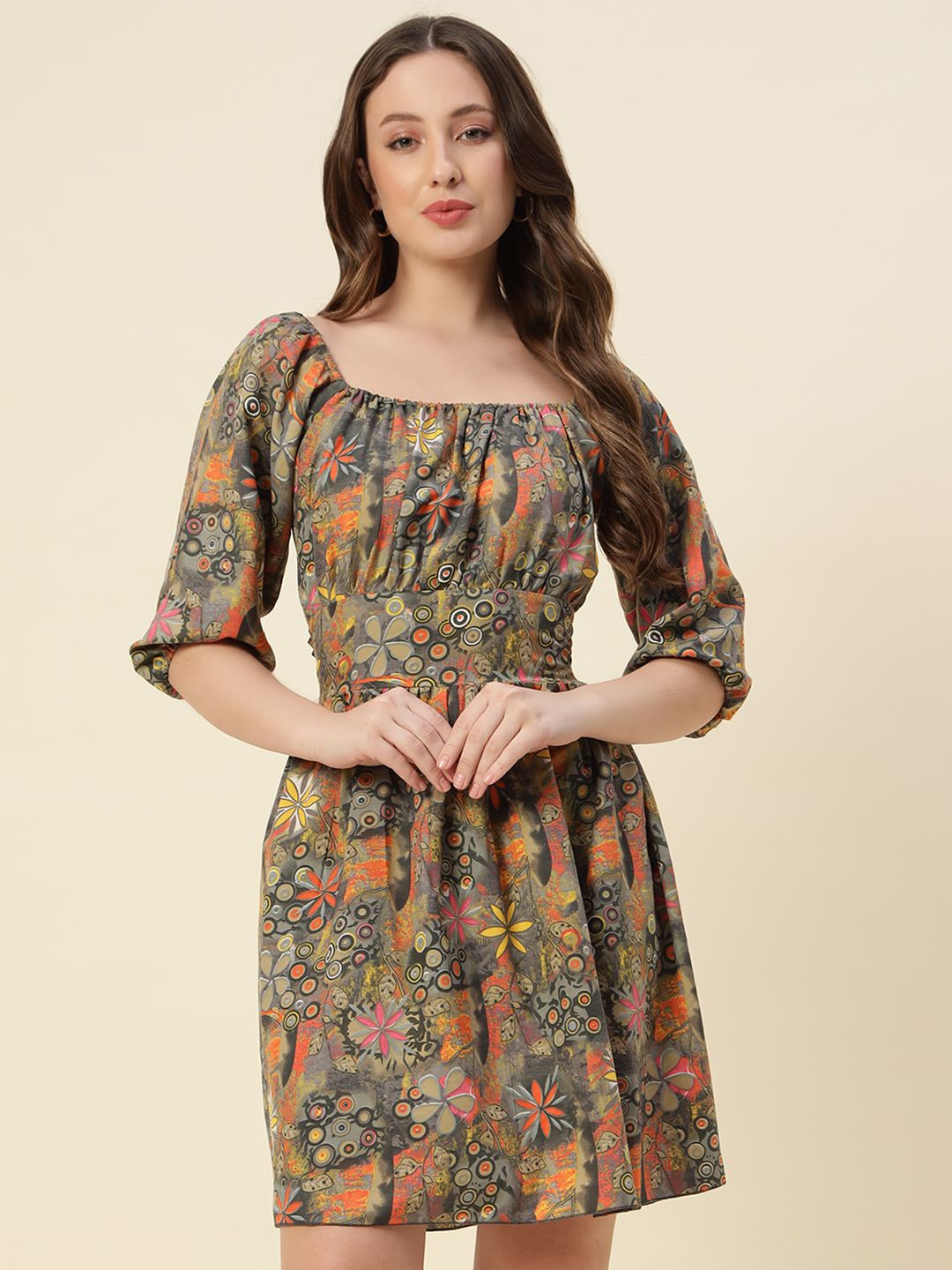 

ADDYVERO Floral Printed Tie-Ups Detail Puff Sleeve Fit & Flare Dress, Olive