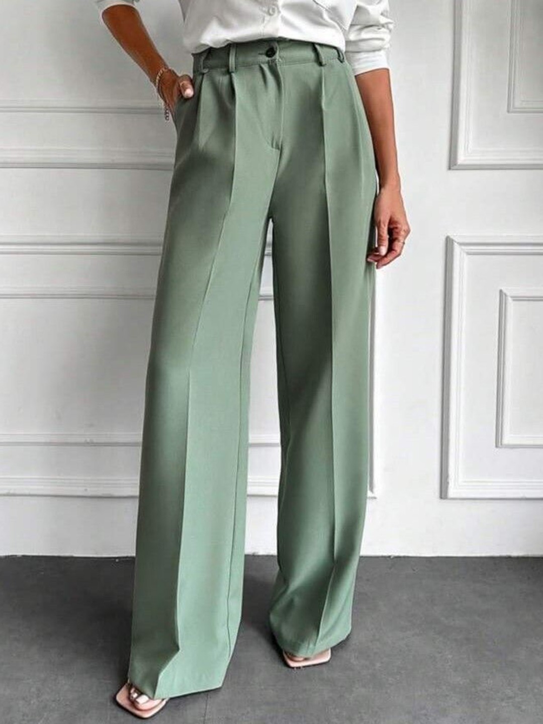 

BROADSTAR Women Smart Loose Fit High-Rise Easy Wash Pleated Korean Trousers, Green