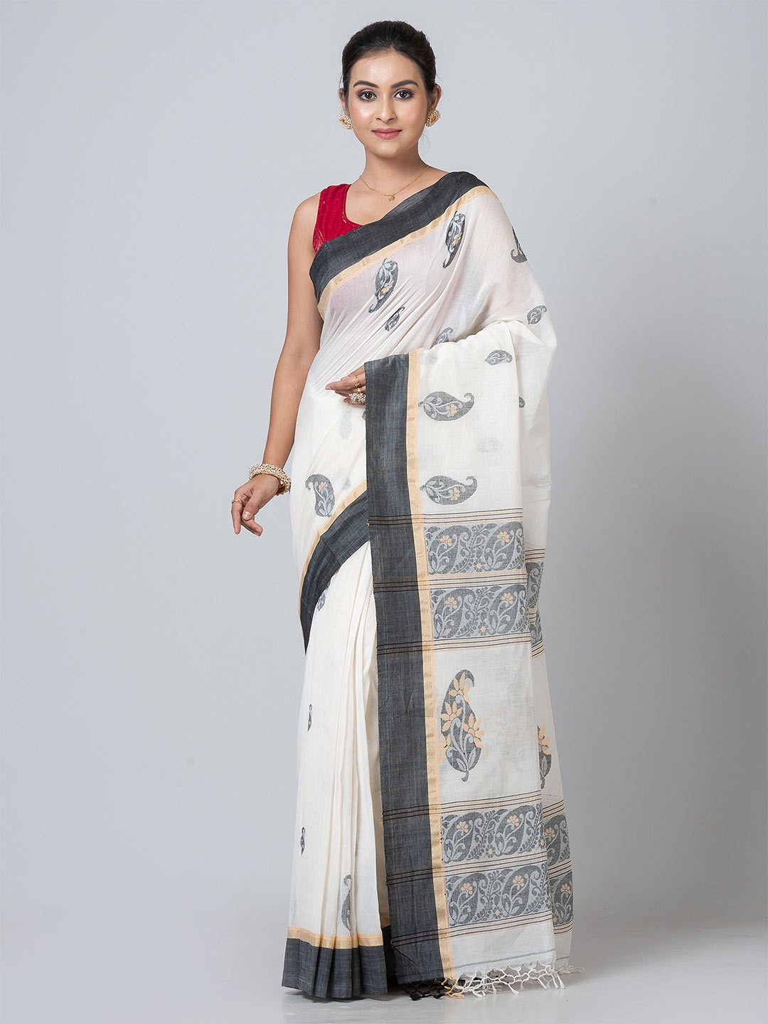 

PUKU Ethnic Motifs Patchwork Pure Cotton Saree, Off white