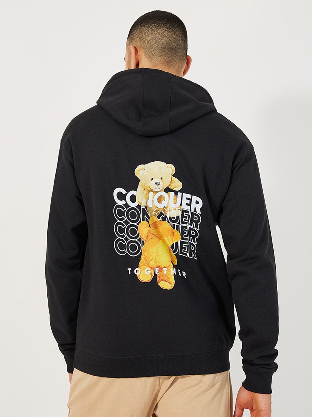

Styli Teddy Graphic Printed Hooded Relaxed Fit Pullover Sweatshirt, Black