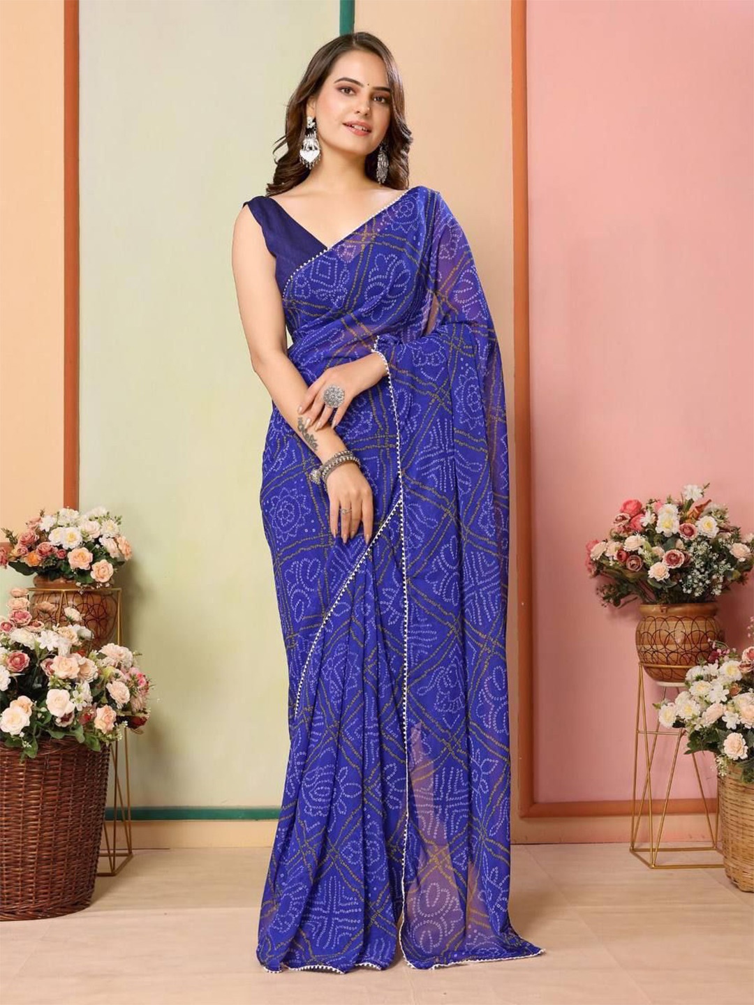 

AWRIYA Bandhani Pure Georgette Ready to Wear Bandhani Saree, Blue