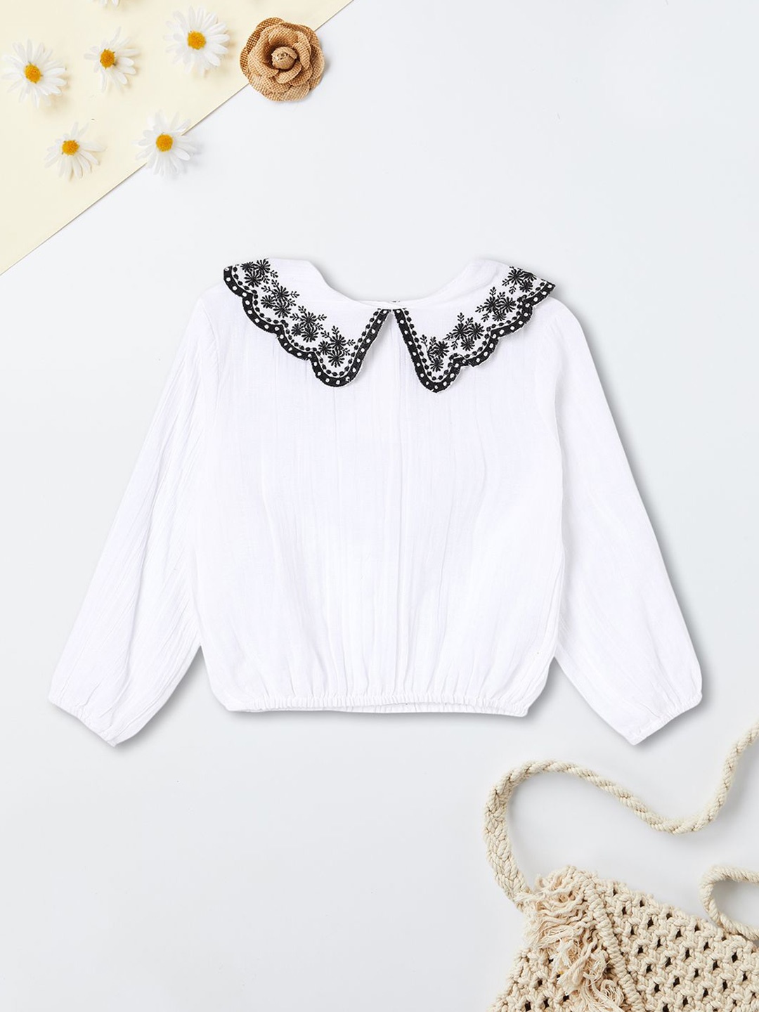 

max Girls Peter Pan Collar Puff Sleeve Cotton Blouson Top, White