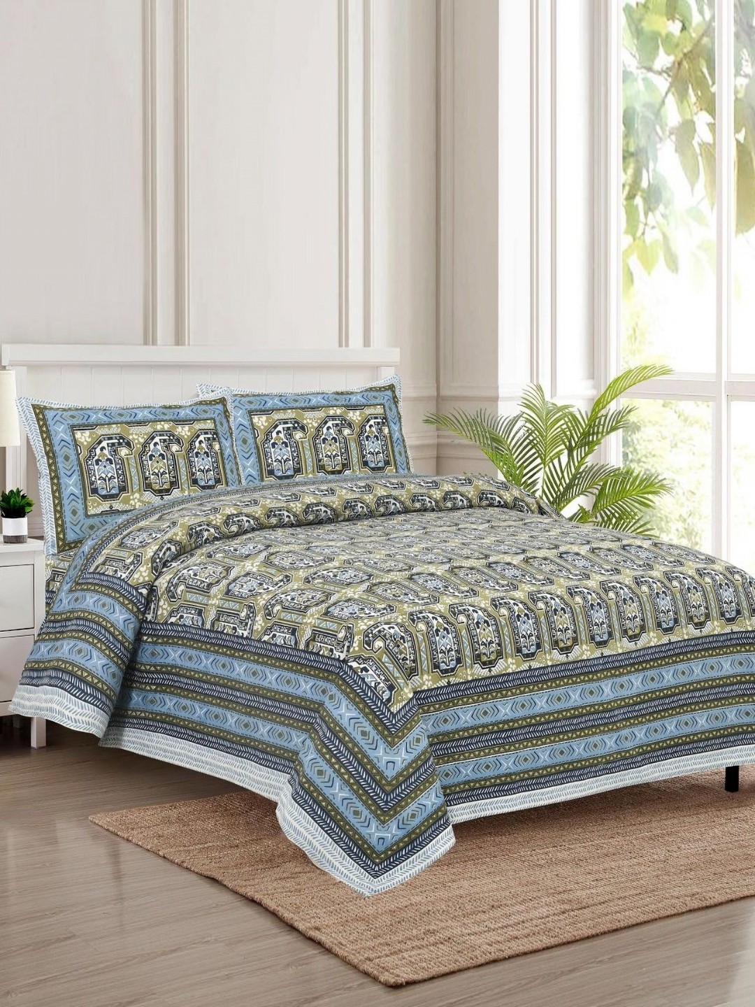 

HOMELINE Blue & Green 180 TC King Bedsheet with 2 Pillow Covers 2.84m x 2.84m