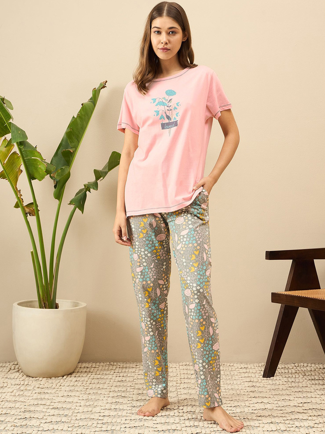 

July Women Printed T-Shirt & Pyjama Night suit, Pink