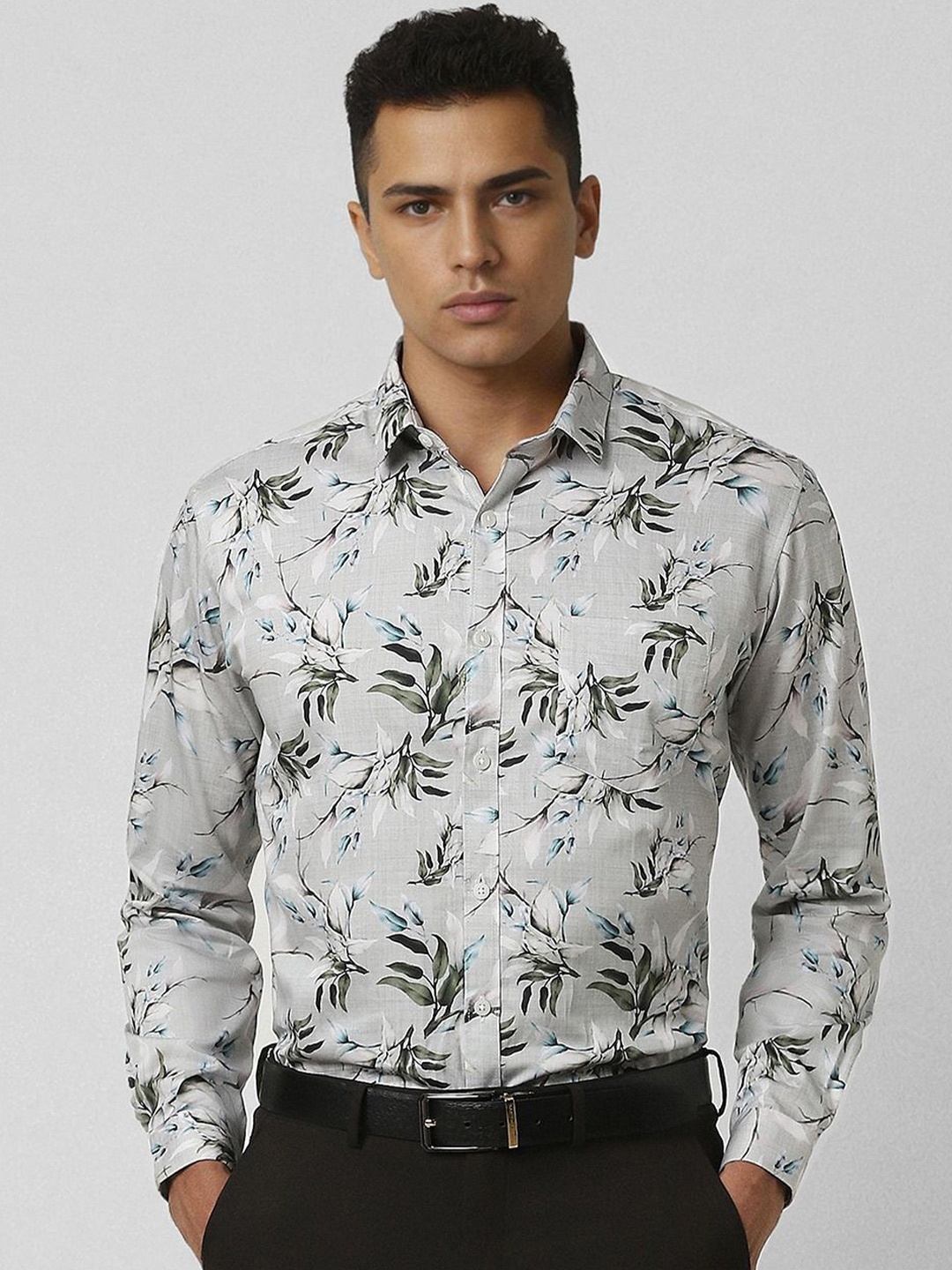 

V Dot Men Slim Fit Floral Opaque Printed Formal Shirt, Grey