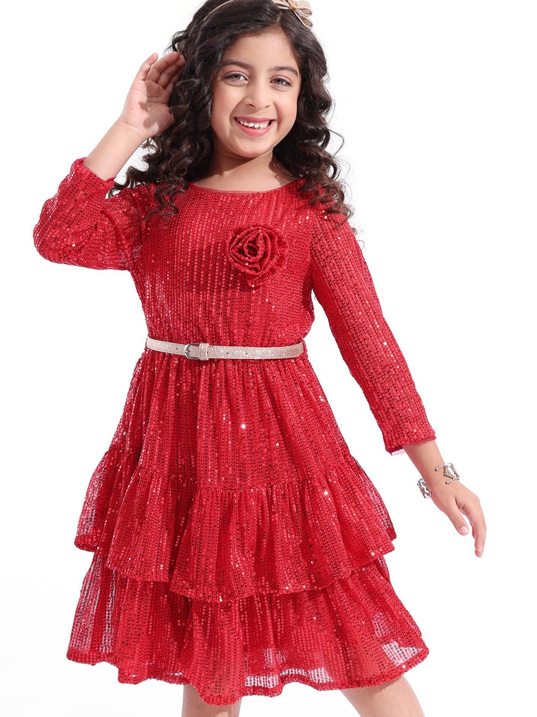 

Hola Bonita Girls Embellished Net Fit & Flare Dress With Belt, Red