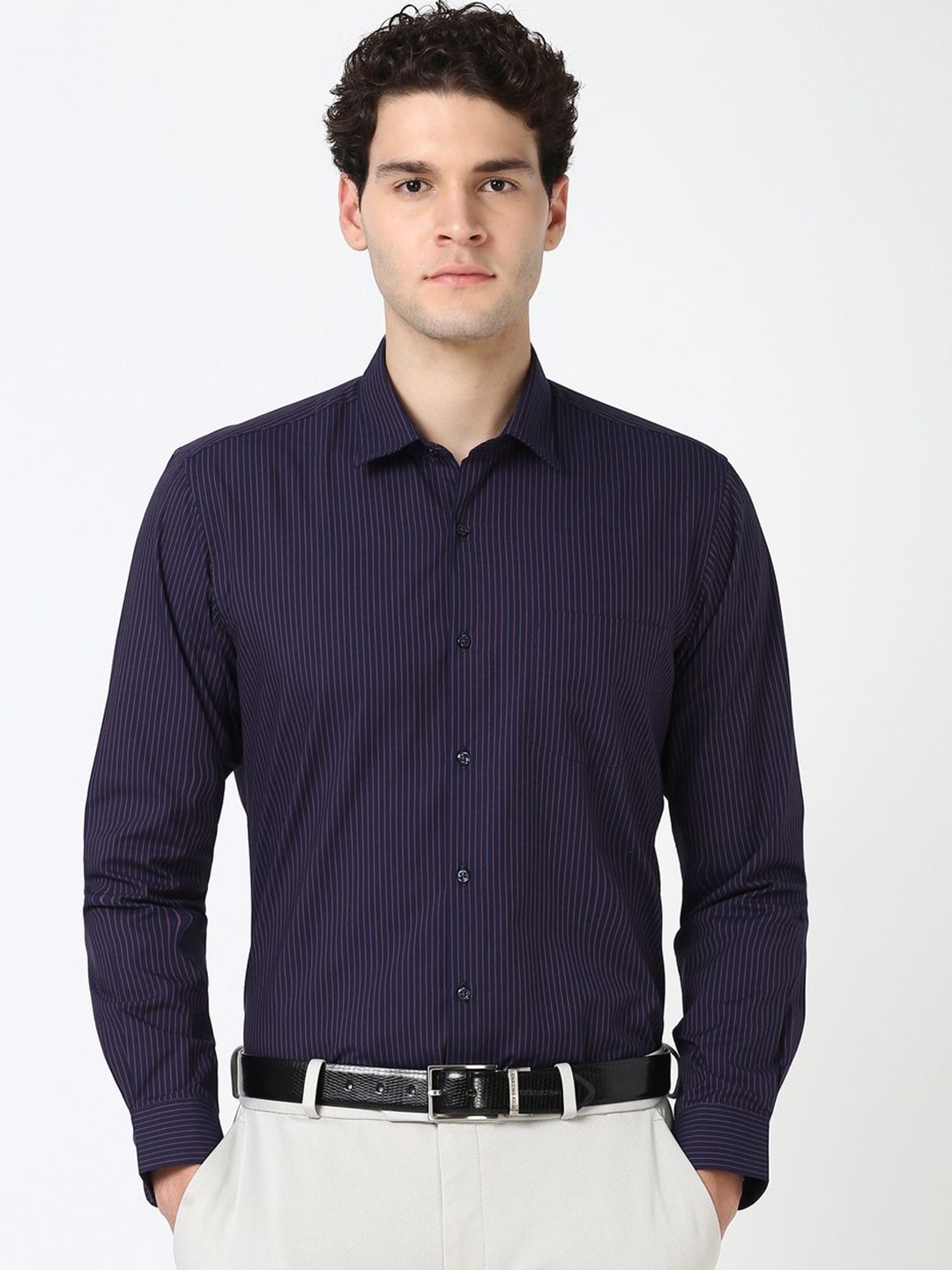 

Peter England Men Classic Opaque Striped Formal Shirt, Navy blue