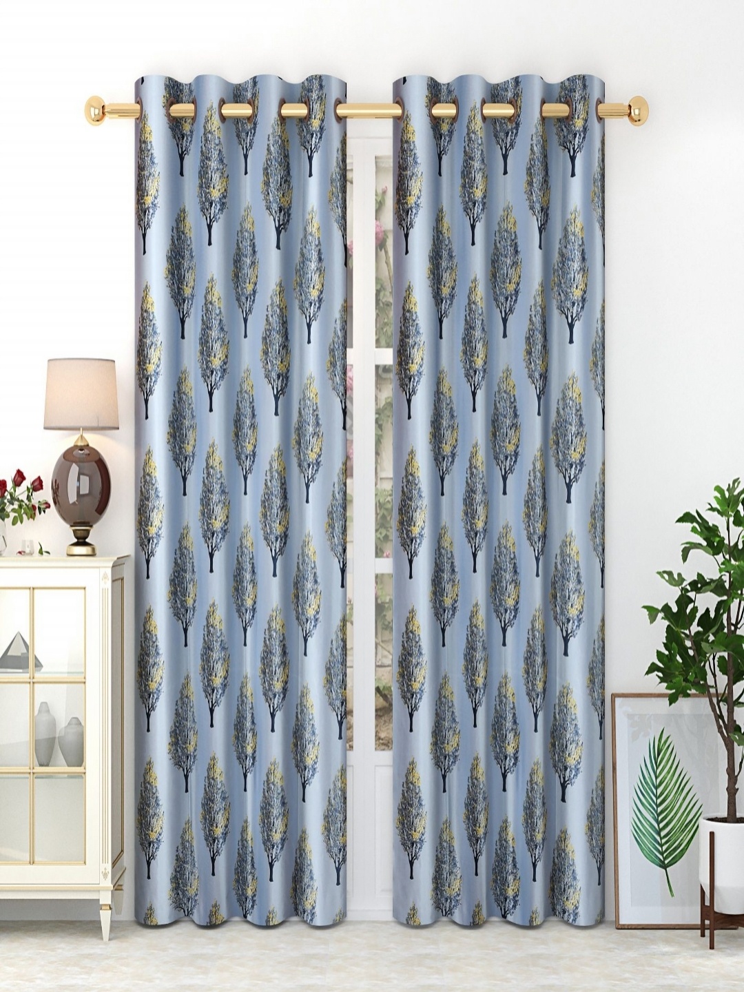 

Aura Grey & Yellow Set of 2 Floral Room Darkening Long Door Curtain