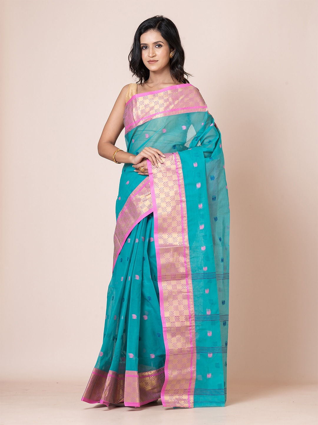 

PUKU Woven Design Zari Pure Cotton Saree, Sea green