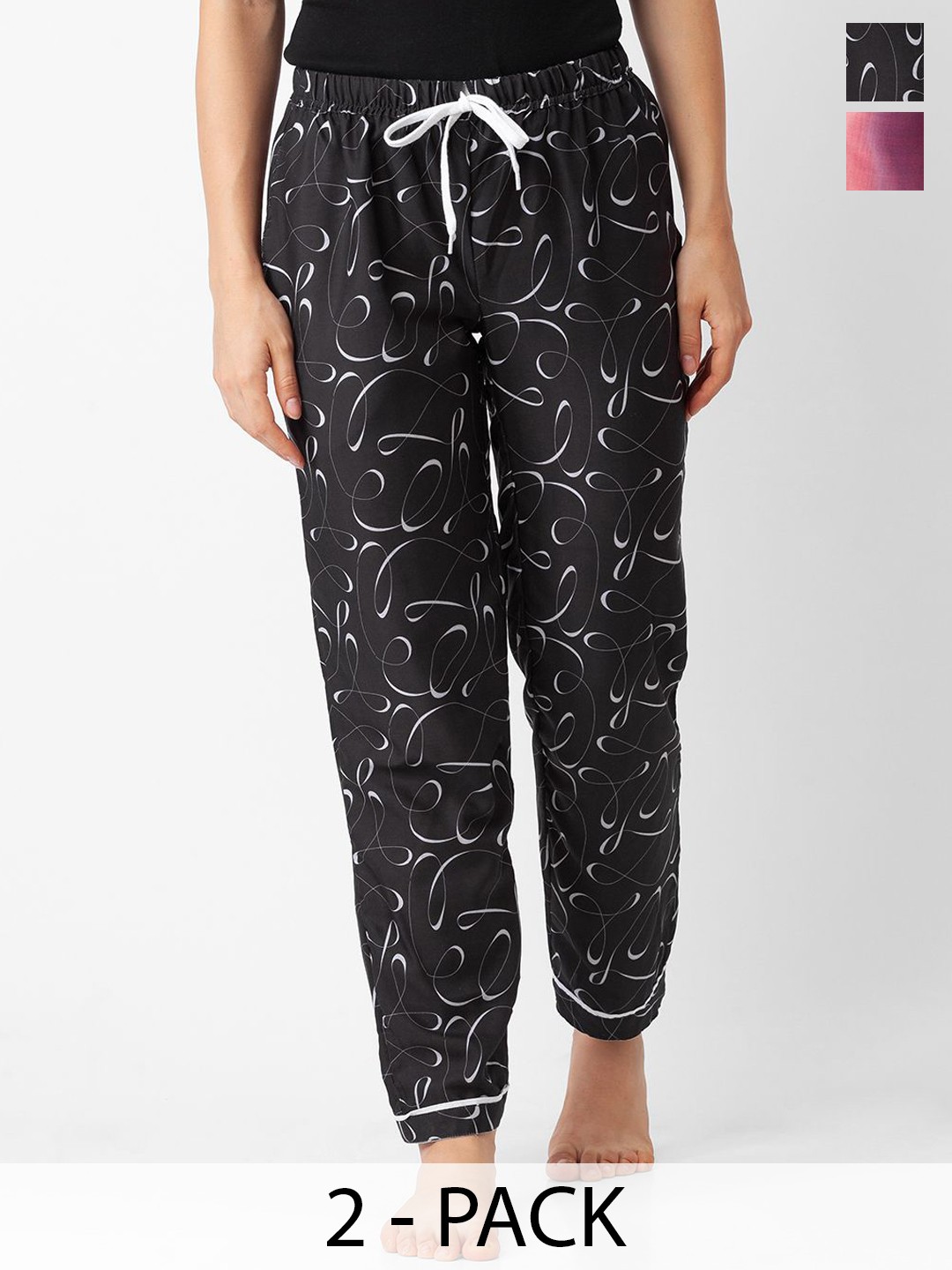 

FashionRack Women Pack Of 2 Printed Mid-Rise Lounge Pants, Black