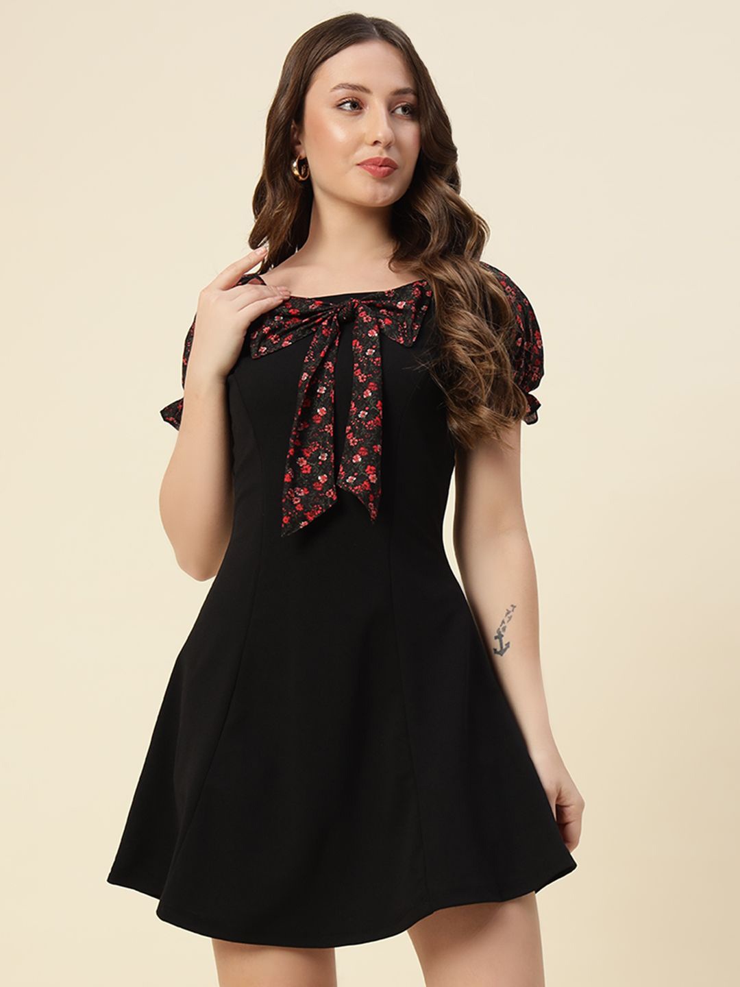 

ADDYVERO Women Floral Printed Puff Sleeve A-Line Dress With Bow Detailed, Black
