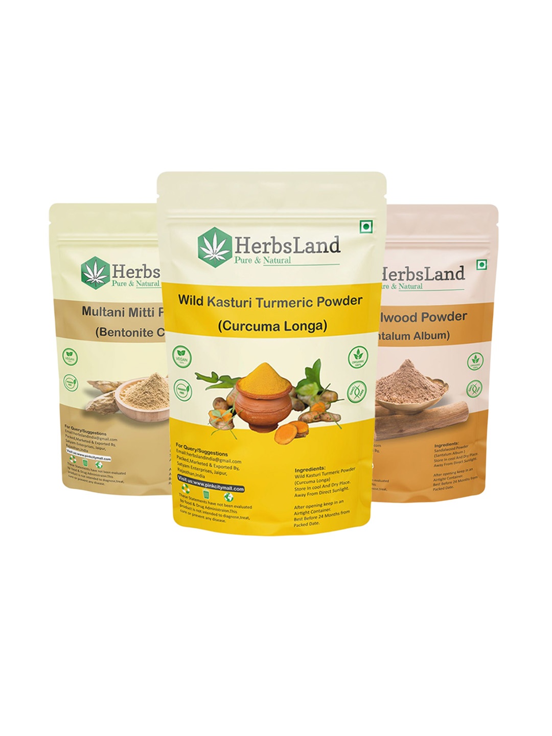 

HerbsLand Set Of 3 Wild Kasturi Turmeric, Sandalwood & Multani Mitti Powder - 100 g Each, Yellow