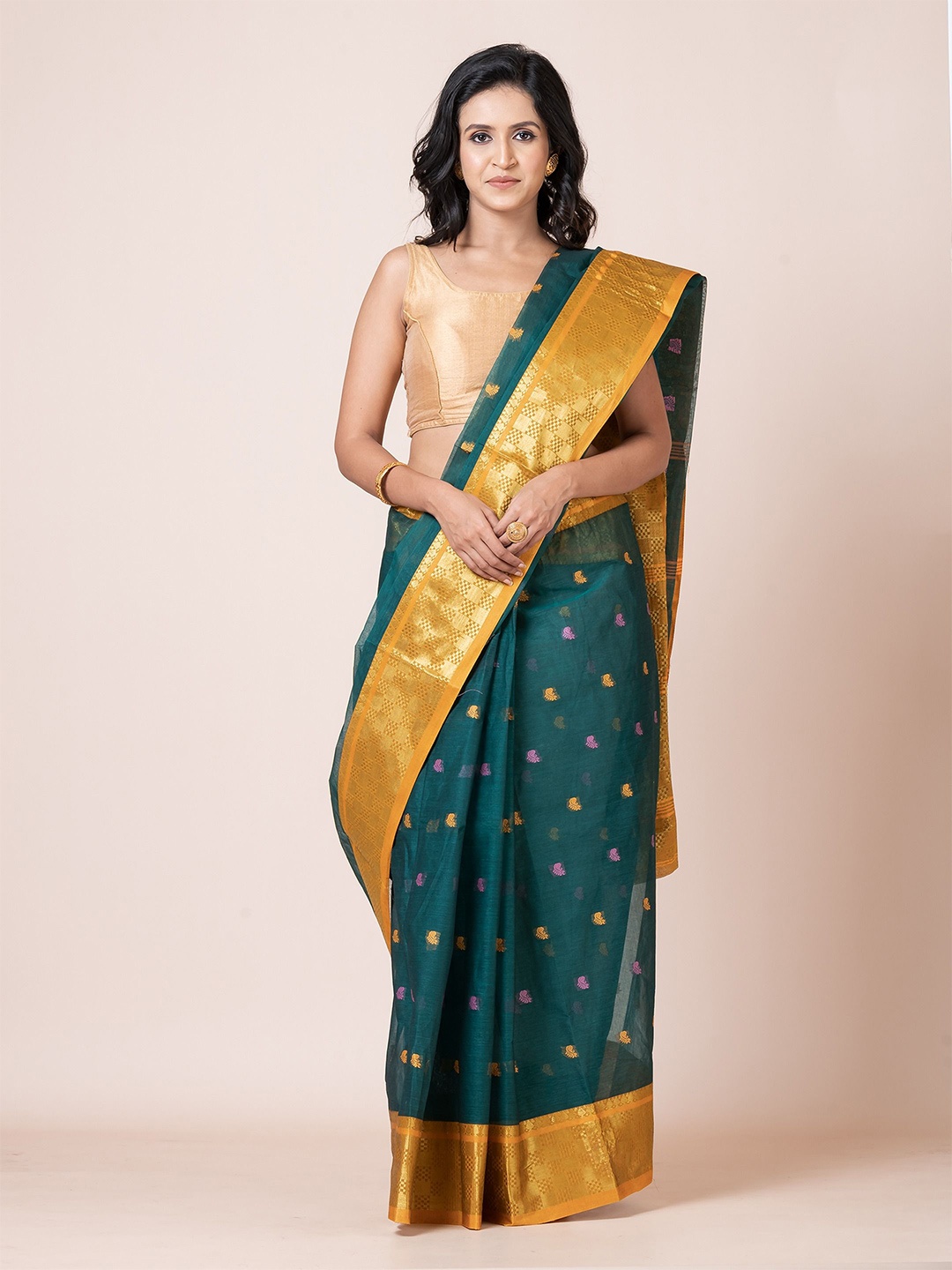 

PUKU Woven Design Zari Pure Cotton Saree, Green