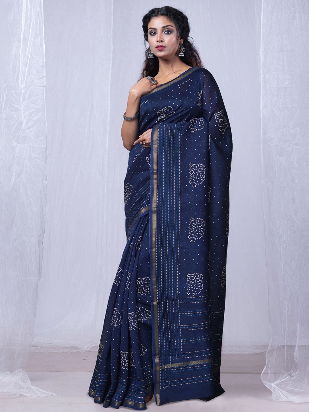 

Unnati Silks Bandhani Printed Handloom Chanderi Saree, Navy blue