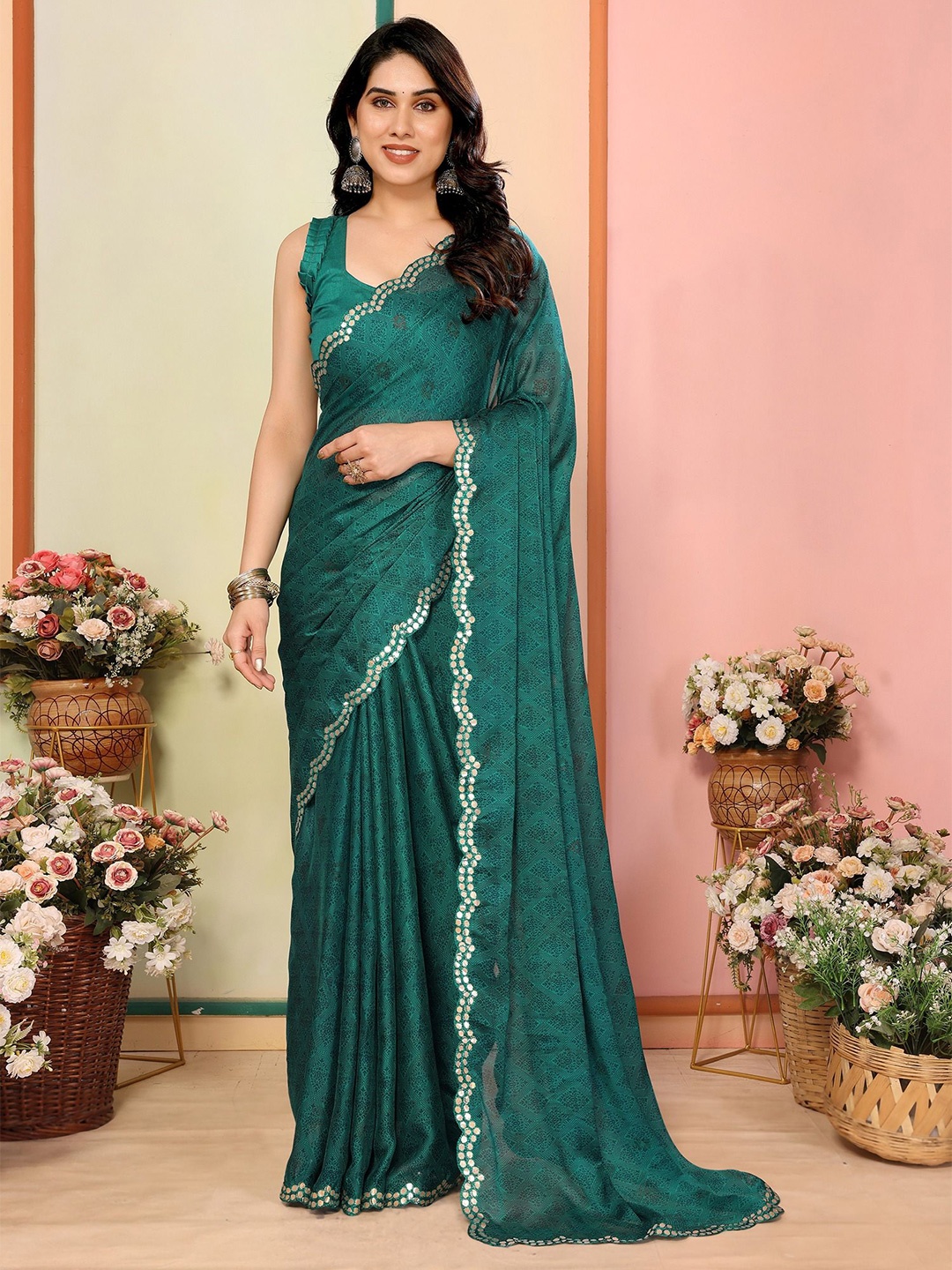

CATCHY FOREVER Floral Gotta Patti Saree, Sea green
