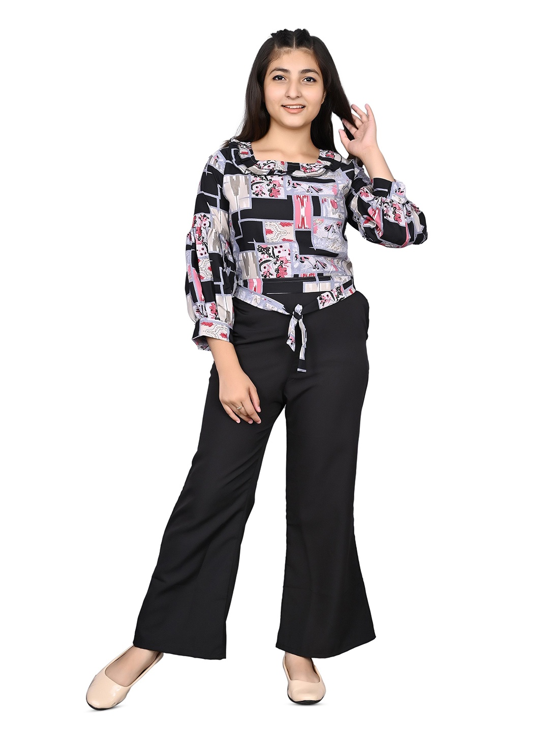 

Mabish Girls Printed Top with Trousers, Black