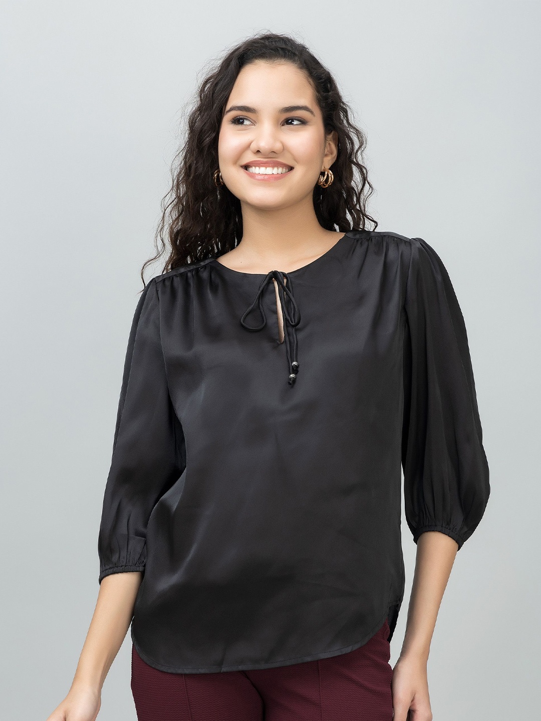 

PURYS Women Tie-Up Neck Satin Top, Black