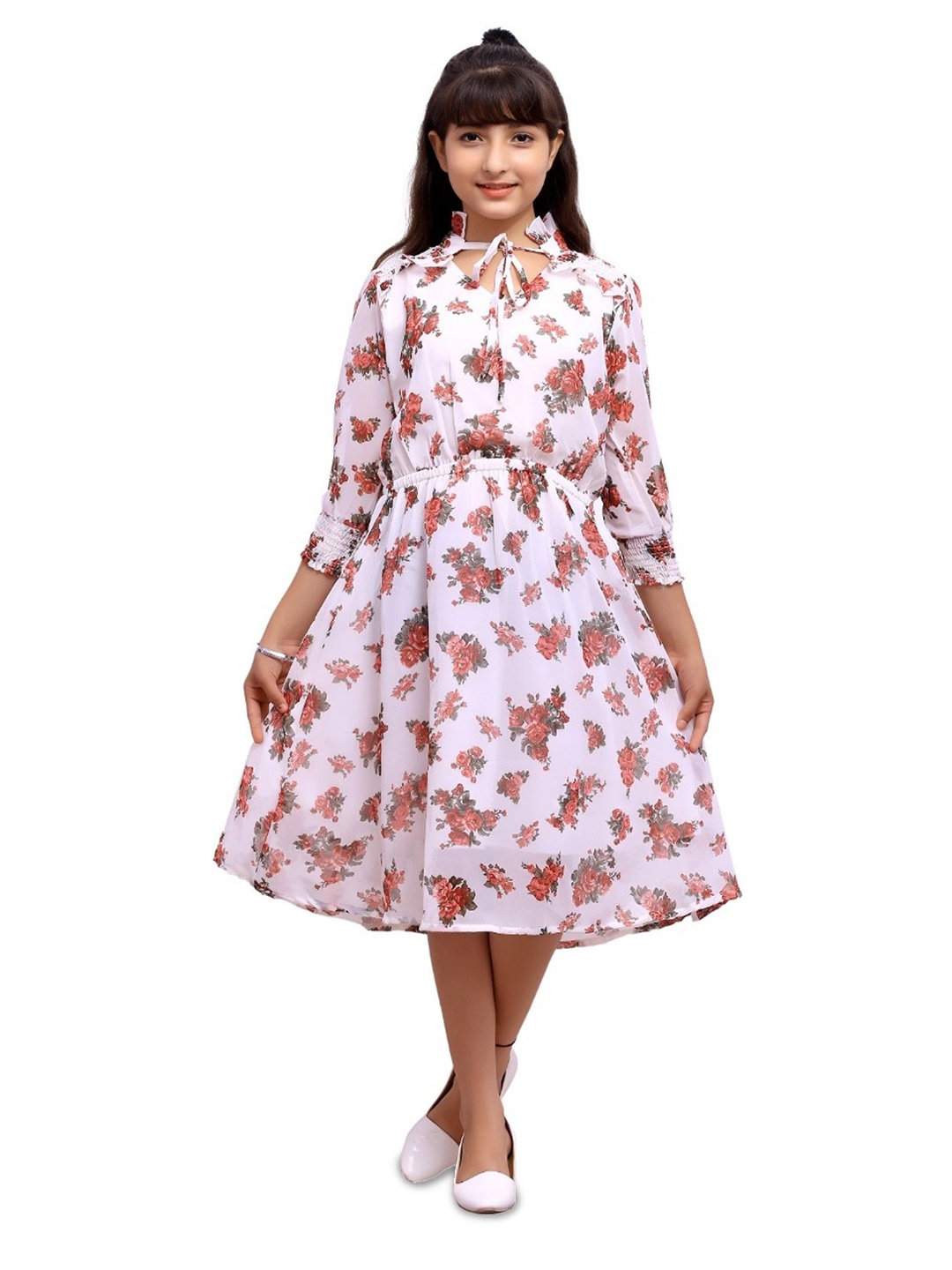 

FELLAMO Girls Floral Printed Tie-Up Neck Fit & Flare Midi Dress, White