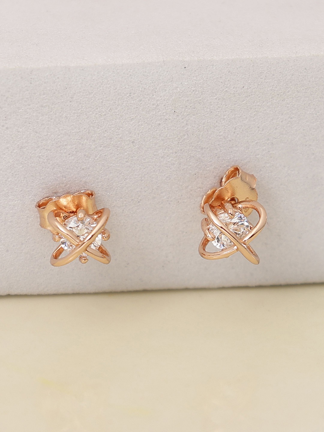 

DIAVO Rose Gold Plated 925 Sterling Silver CZ Studded Contemporary Studs Earrings