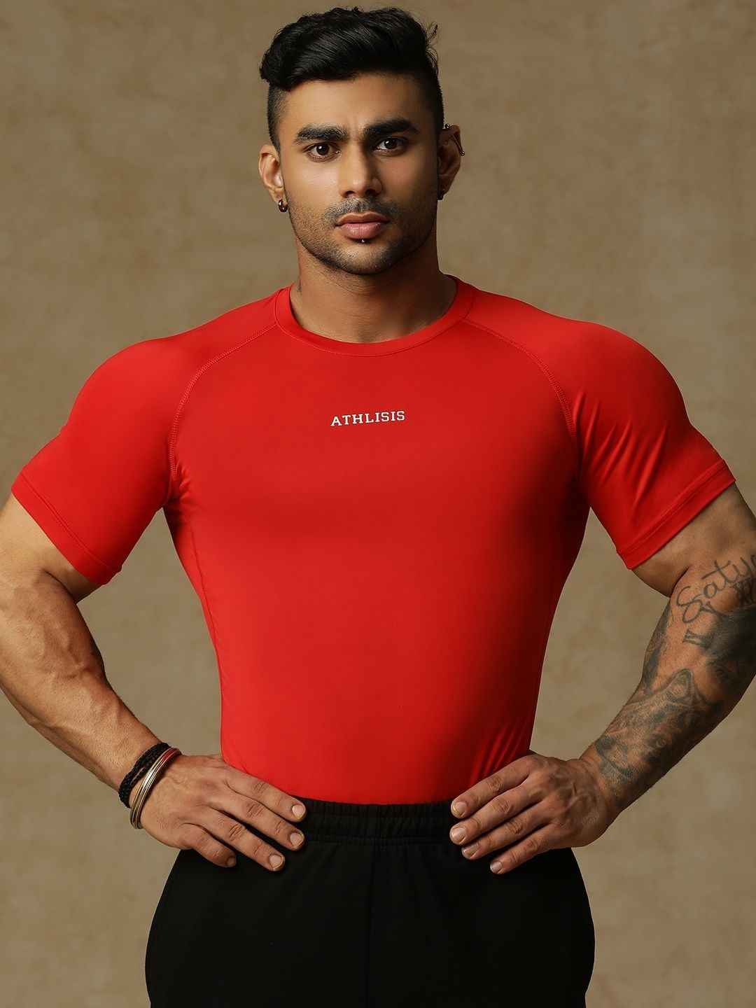 

ATHLISIS Men Anti Odour Applique Compression T-shirt, Red