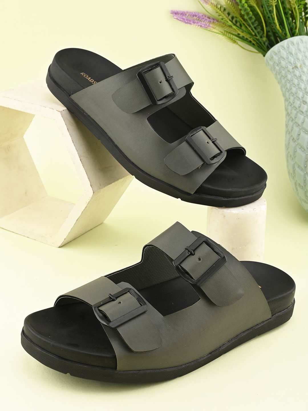 

The Roadster Lifestyle Co Men Double Strap Comfort Footbed Sandals, Olive