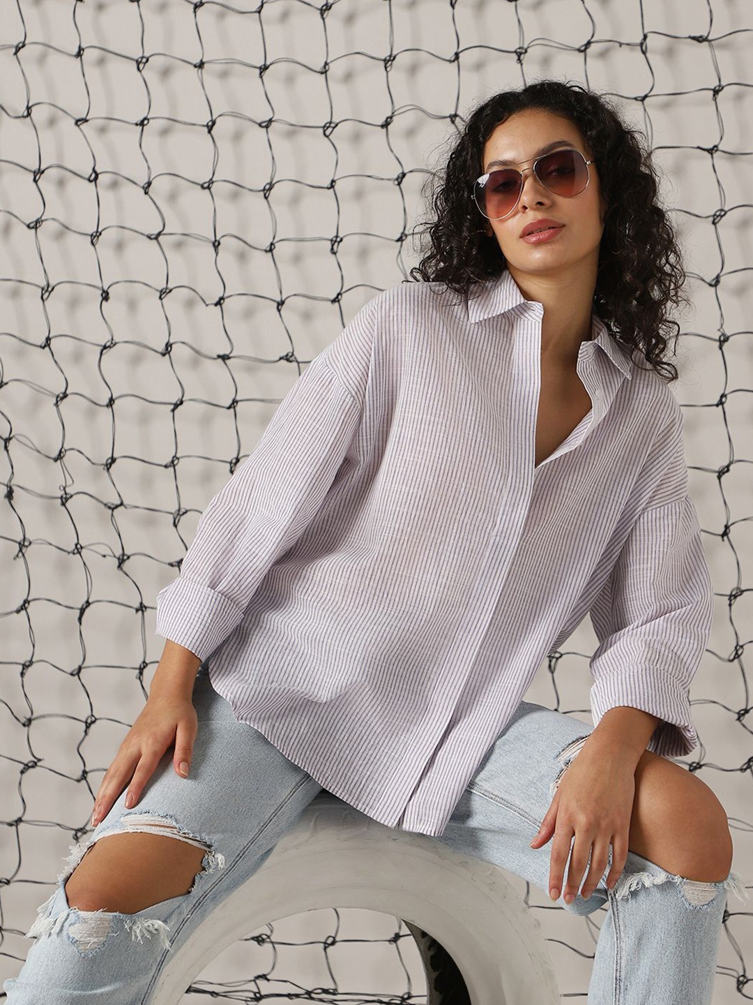 

Hubberholme Women Classic Semi Sheer Striped Casual Shirt, Purple