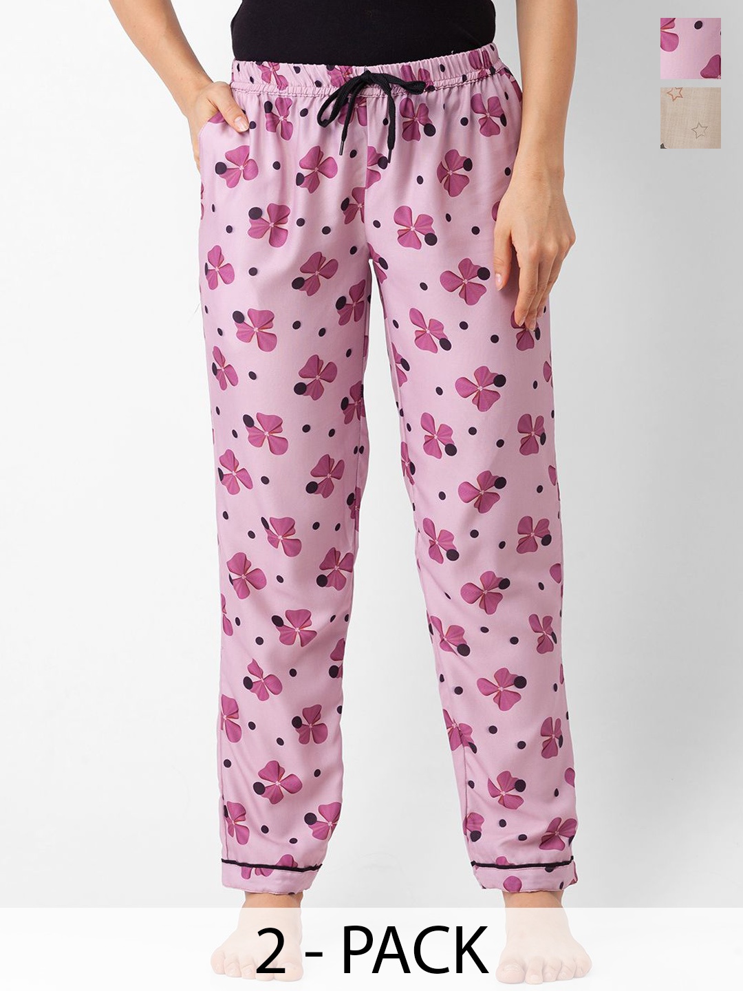 

FashionRack Women Pack Of 2 Printed Mid-Rise Straight Lounge Pants, Pink