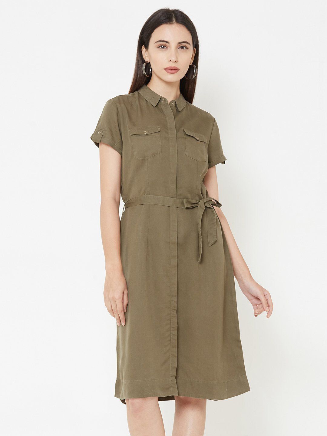 

Kraus Jeans Women Cotton Belted Shirt Dress Pocket Detailing, Olive