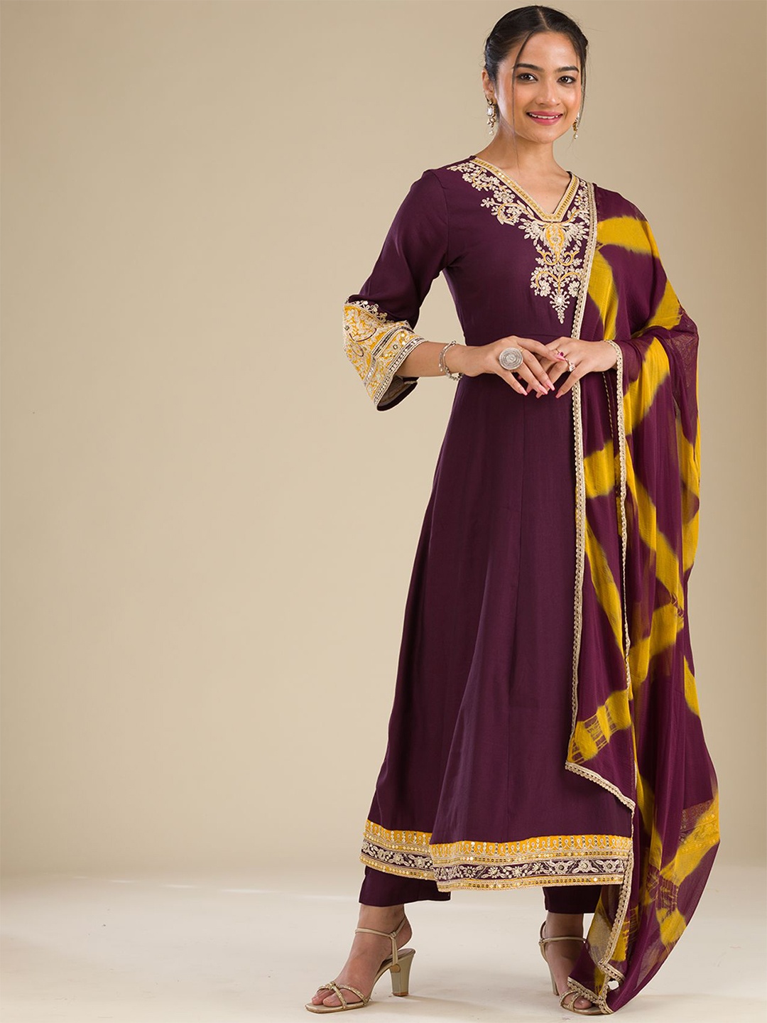 

Koskii Floral Embroidered A-Line Kurta With Trouser & Dupatta, Purple