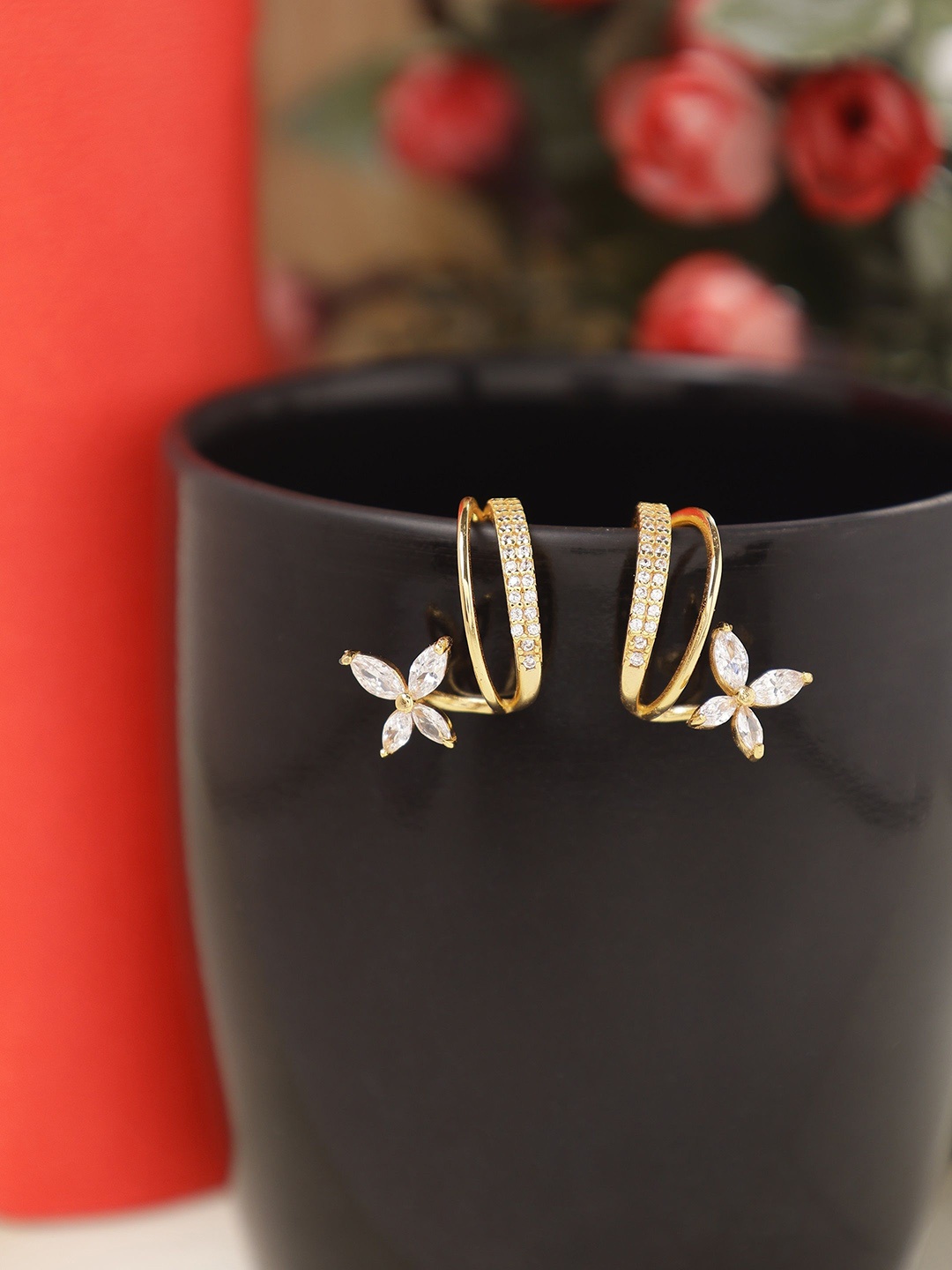

DIAVO Gold Plated 925 Sterling Silver CZ Studded Contemporary Studs Earrings