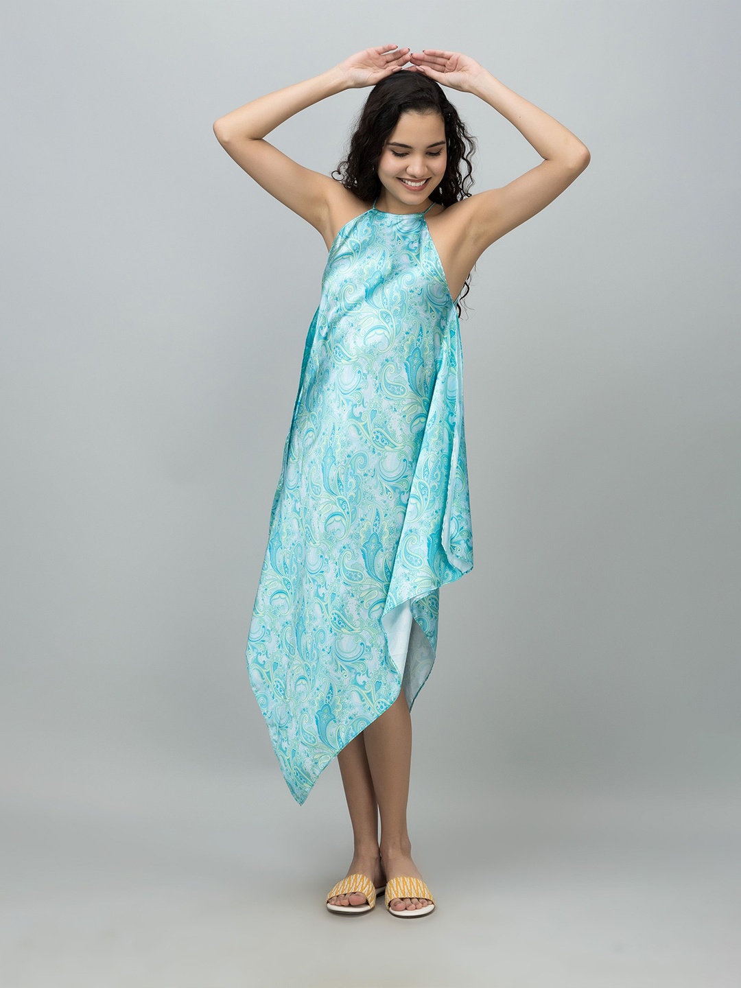 

PURYS Women Paisley Printed High-Low Swimwear Cover up Top, Turquoise blue