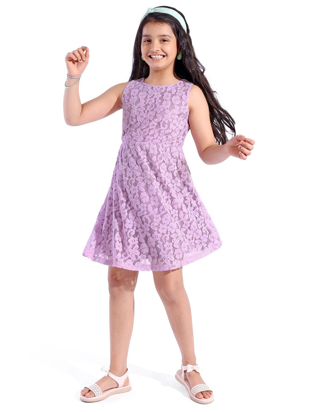 

Hola Bonita Girls Self Design Floral cotton Fit and Flare Dress, Lavender
