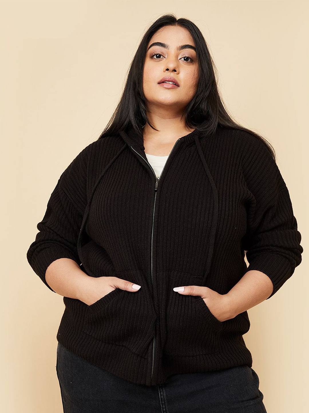 

max Women Ribbed Front-Open Sweater, Black