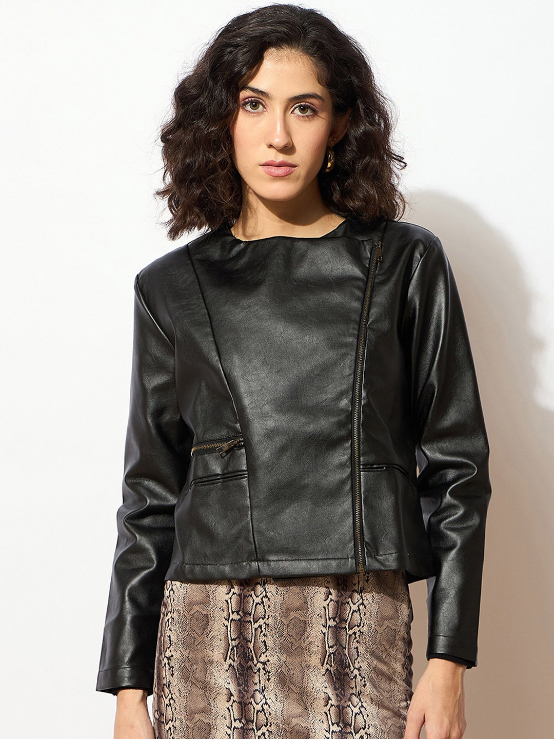 

SASSAFRAS Women Asymmetric Closure Biker Jacket, Black