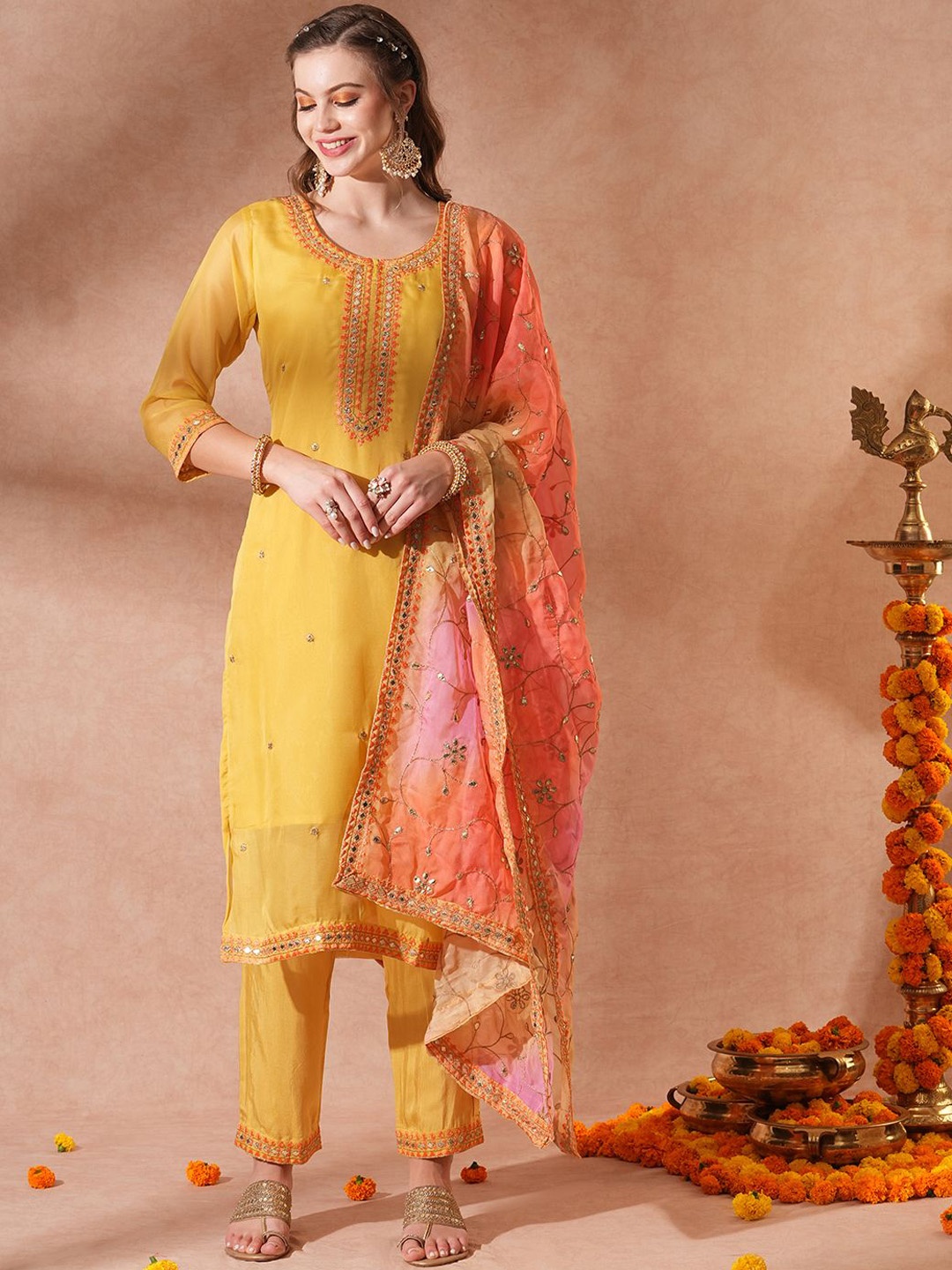 

FASHOR Women Embroidered Regular Gotta Patti Kurta With Trousers & Dupatta, Yellow