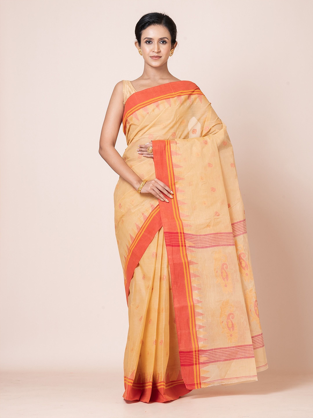 

PUKU Woven Design Ethnic Motifs Pure Cotton Heavy Work Saree, Beige