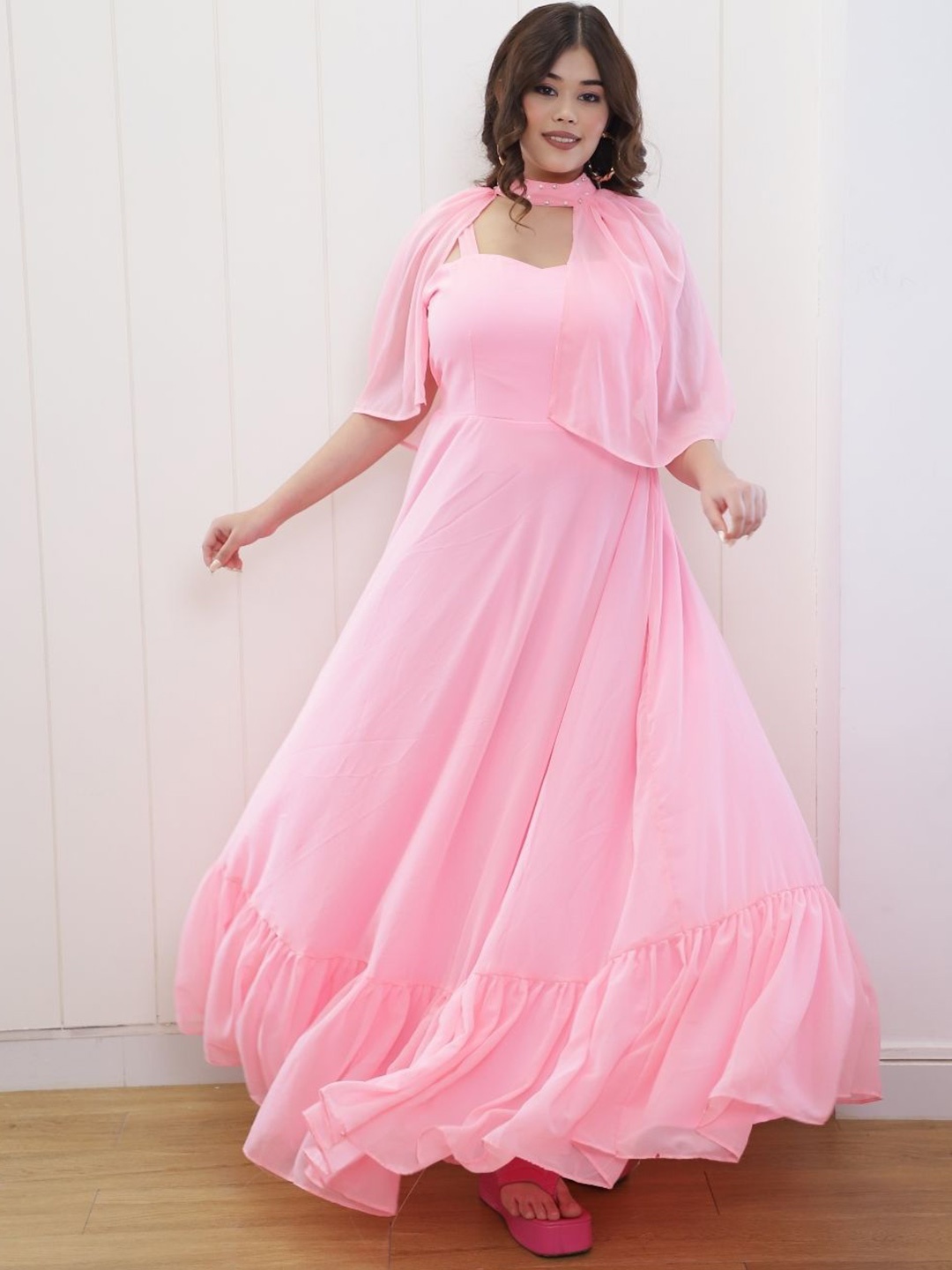 

Swadeshi Shringaar Solid Flared Sleeve Georgette Fit & Flare Maxi Dress, Pink