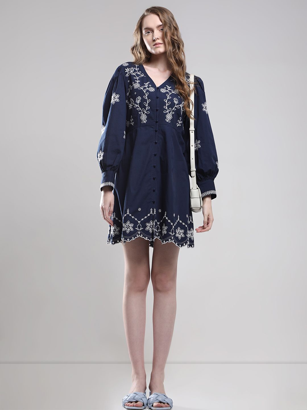 

Vero Moda Women Floral Embroidered A-Line Dress, Navy blue