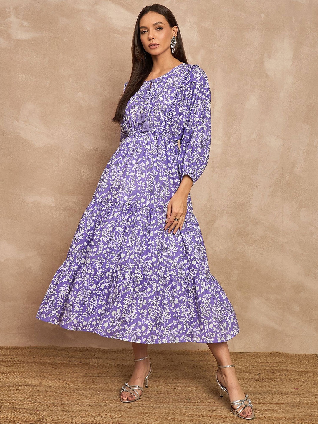 

all about you Women Cotton Floral Printed Puff Sleeve Fit & Flare Midi Dress, Purple