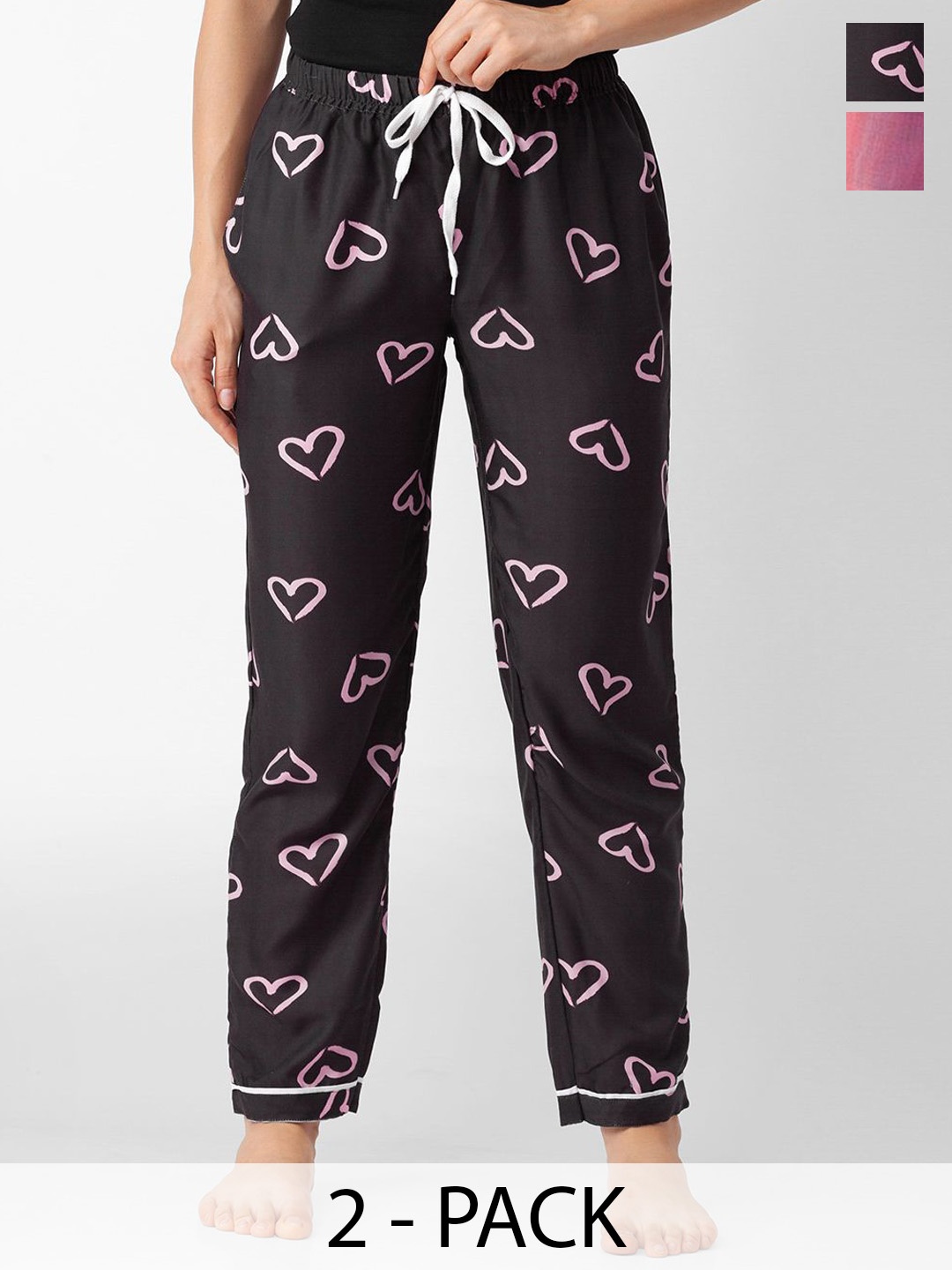 

FashionRack Women Pack Of 2 Printed Mid Rise Lounge Pants, Black