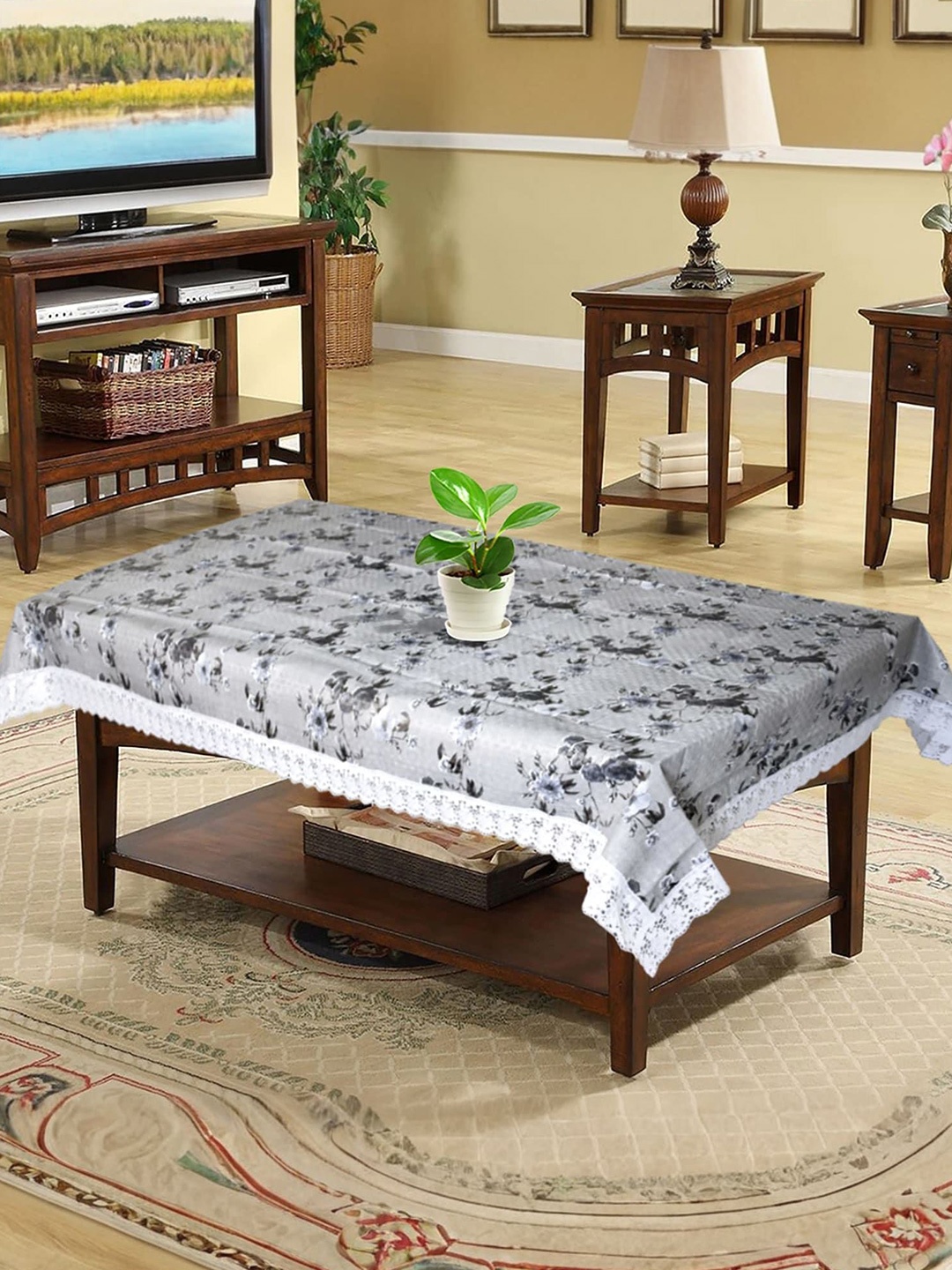 

Kuber Industries Grey Floral Plastic 4-Seater Table Cover