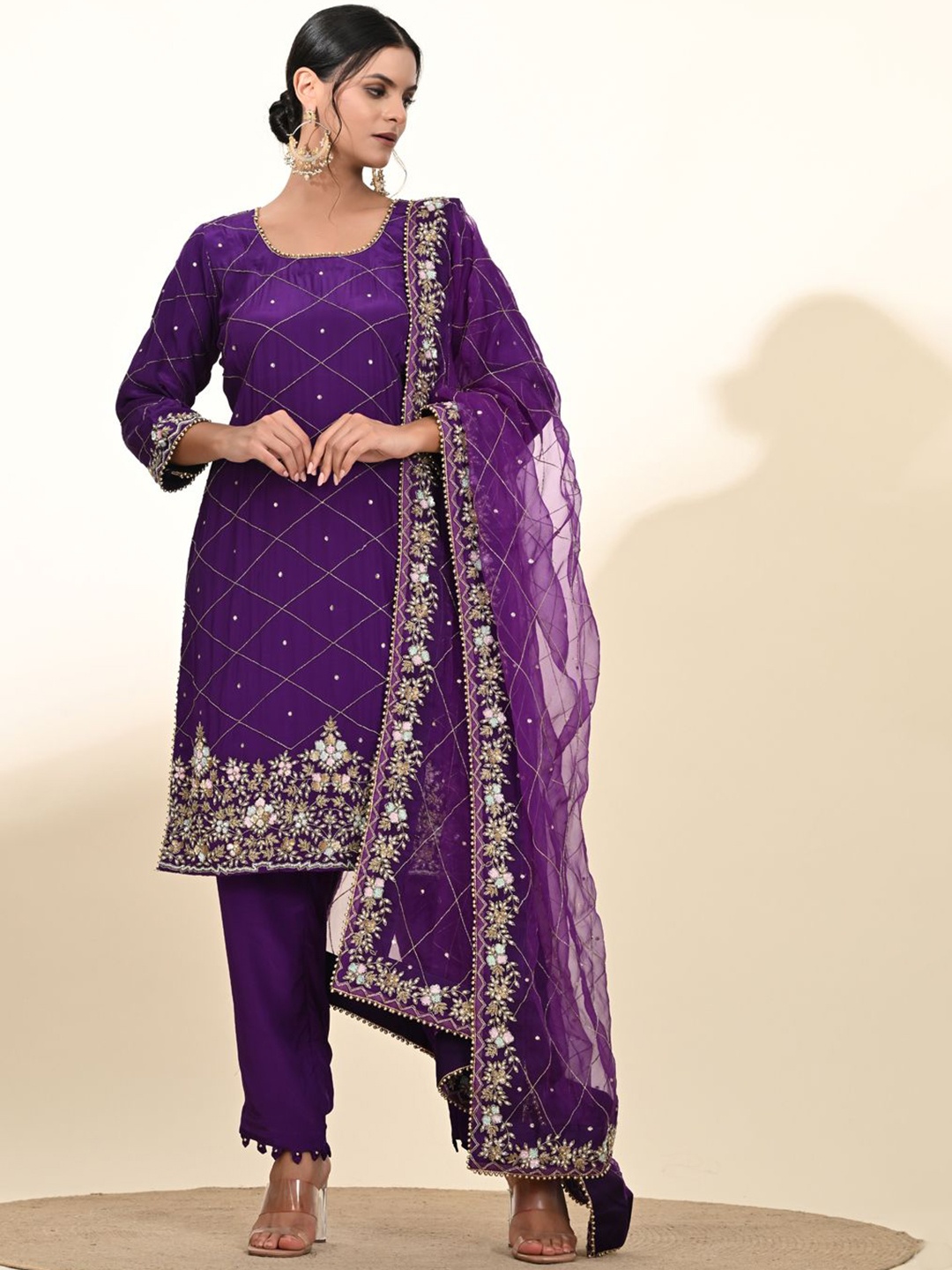 

ZARIKALI Women Ethnic Motifs Embroidered Regular Sequinned Silk Crepe Kurta with Trousers & With Dupatta, Purple