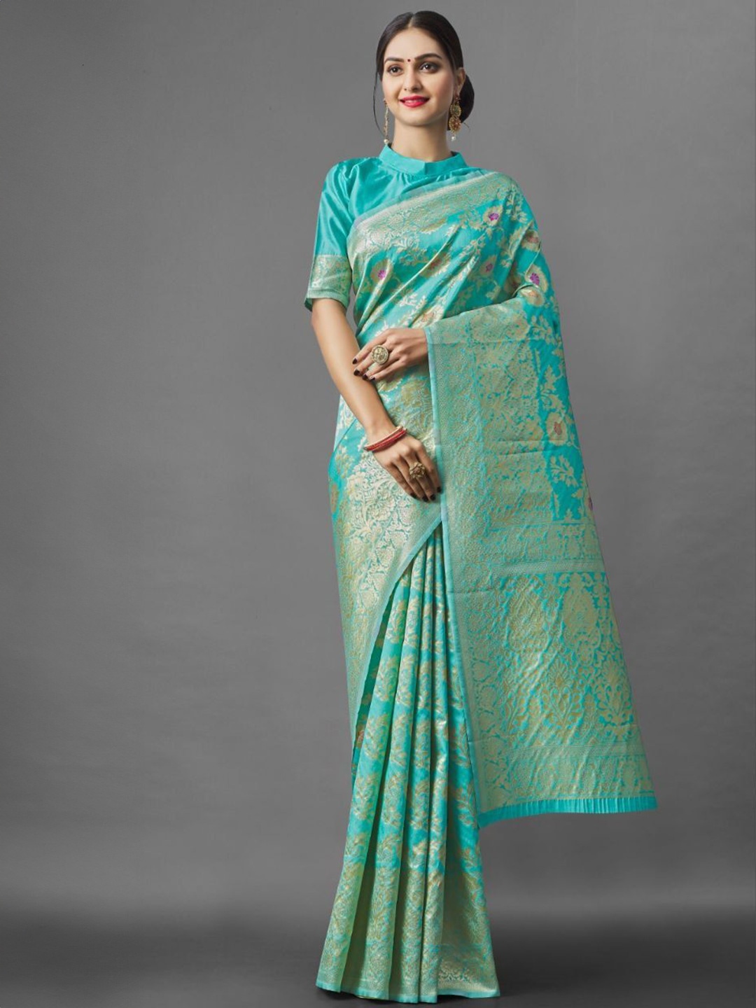 

Jinax Woven Design Zari Pure Silk Banarasi Saree, Green