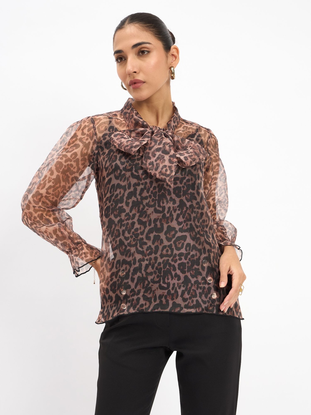 

SALT ATTIRE Animal Print Tie-Up Neck Blouson Top, Multi