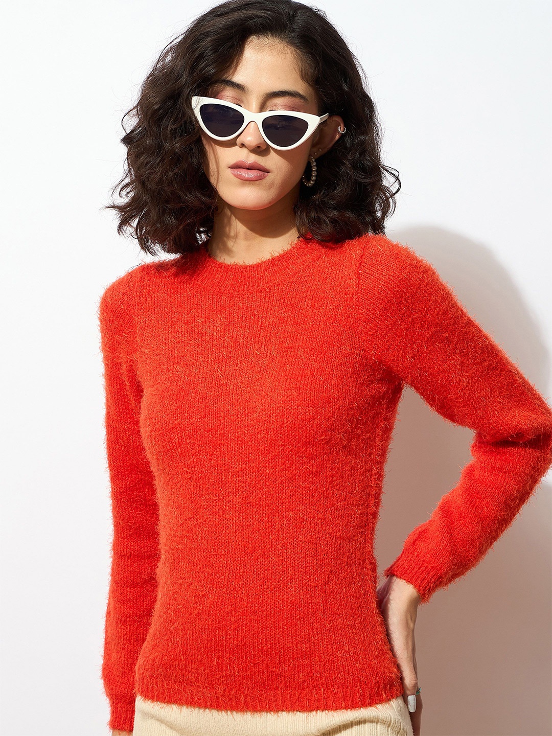 

SASSAFRAS Women Woollen Pullover with Fuzzy Detail, Orange